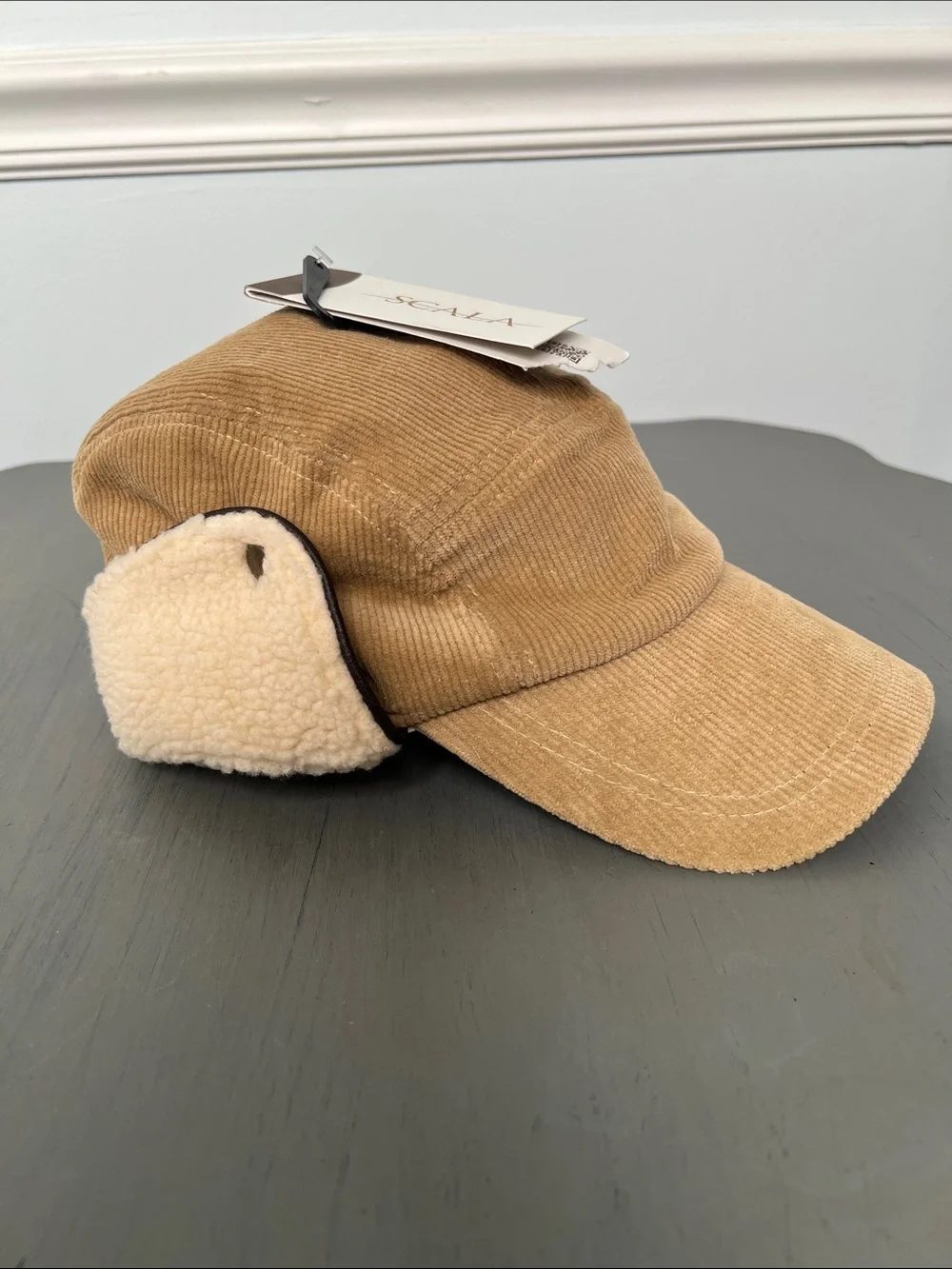 Scala Corduroy Earflap Cap in Tan with Cream Shearling